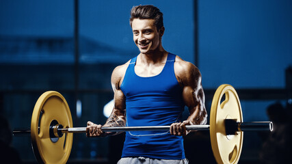 Naklejka na ściany i meble fit man training arm muscles at gym