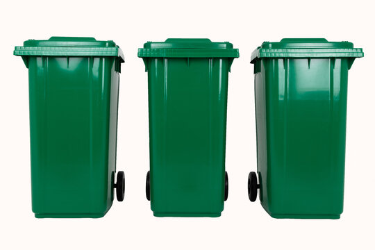 Set of three new unbox green large bins isolated on white background
