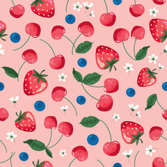 Fruits summer seamless pattern. Strawberry, cherry, and blossom. Cartoon bright background for textile, fabric, birthday wrapping paper. Vector