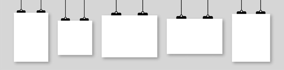 Poster mockup blank template. Empty white paper banner. Gallery frame isolated on gray wall. Vector illustration.