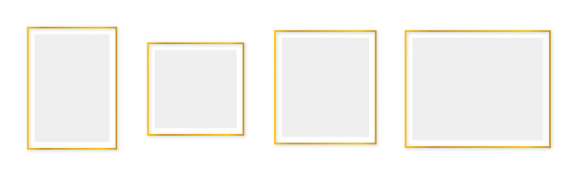 Gold frame background. Set of luxury thin line borders with shadow. Realistic 3d glamour rectangle template. Geometrical golden rich frames. Vector illustration.
