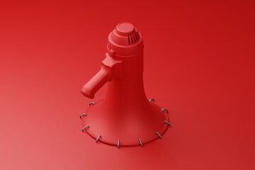 Red Megaphone stick on floor with Staples hammer 3D rendering, Protest against dictatorship threaten censored press concept poster and social banner horizontal design background with copy space