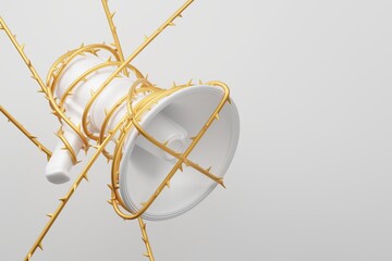 White Megaphone with golden wiggle vine thorn 3D rendering, Protest against Elite dictatorship threaten censored press concept poster and social banner horizontal design background with copy space