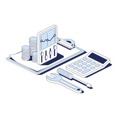 Schedule settings, agreement document, investment finance, tools, calculator. Vector 3d line isometric, web icons, blue color. Creative design idea for infographics.