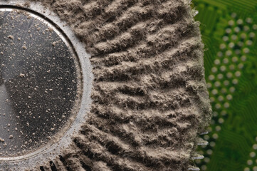Dust and dirt on the pc processor cooling heatsink. Close-up