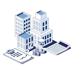 Real estate, investments, buildings, contract documentation, calculator, coins and hourglass. Vector 3d line isometric, web icons, blue color. Creative design idea for infographics.