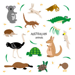 Obraz premium Australian animals set. Zoology for children. kangaroo, cockatoo, emu, ostrich, platypus, kiwi, koala, hare, crocodile, moloch, echidna.