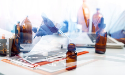 Medical technology concept The doctor works with mobile phones, headphones and tablets. Digital laptop in the modern office at the hospital in the morning