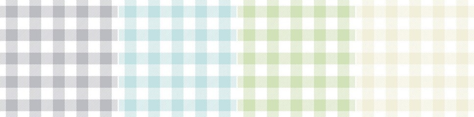 Vichy check pattern set in nature colors grey, green, blue, white. Gingham seamless spring summer vector for tablecloth, oilcloth, picnic blanket, other modern fashion or home textile design.