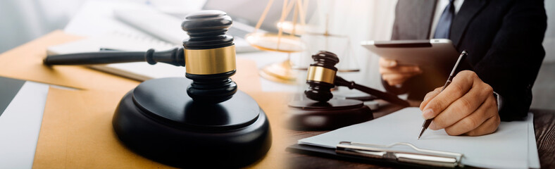 Business and lawyers discussing contract papers with brass scale on desk in office. Law, legal services, advice, justice and law concept picture with film grain effect