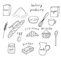 Set of French bakery products, baguette, croissant and brioche and products for their preparation, vector illustration, hand drawing
