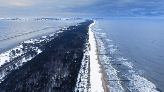 Hel peninsula in winter. Aerial view of Baltic Sea