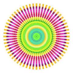 Creative multicolored points round symbol. Abstract symmetrical logo. Mosaic colorful beautiful beads. Circle dots modern pixel floral art icon. Colored pattern ornament wheel decorative illustration.