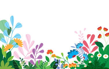 Design banner frame flower Spring background with beautiful. flower background for design. Colorful background with tropical plants. Place for your text.