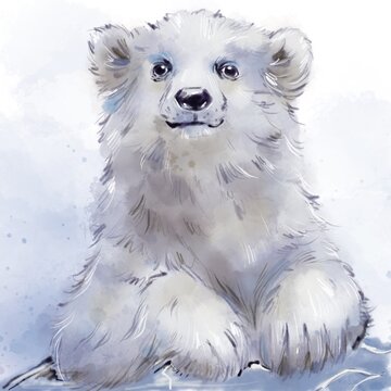 Hand drawing animal watercolor paint cute north polarbear baby  white polar bear. Winter snow. Aquarelle sketch.