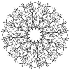 Abstract mandala with swirls and doodle flowers, meditative coloring page and ornate elements