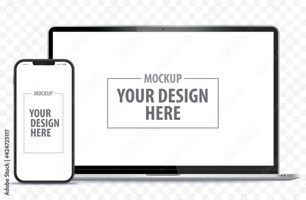 Wall mural laptop computer and mobile phone mockup. digital devices screen template vector illustration with tr