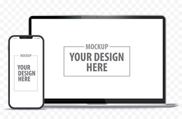 Laptop Computer and Mobile Phone Mockup. Digital devices screen template vector illustration with transparent background. - obrazy, fototapety, plakaty