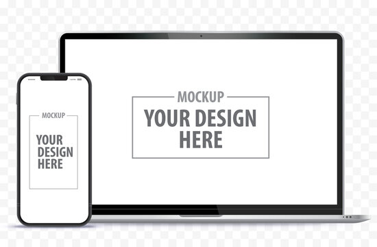 Laptop Computer and Mobile Phone Mockup. Digital devices screen template vector illustration with transparent background.
