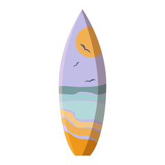 Surfboard with marine landscape design. retro style poster, label, flyer, t shird etc. cartoon flat vector illustration