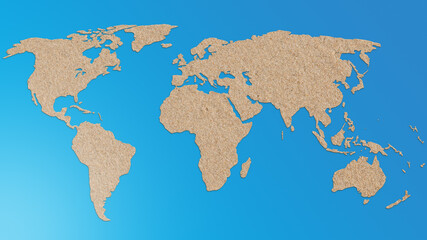 World map made of fine-grained sand on blue background. 4k resolution.