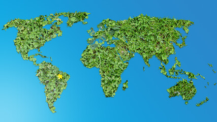 World map made of uncultivated grass lawn and plants on blue background. 4k resolution.