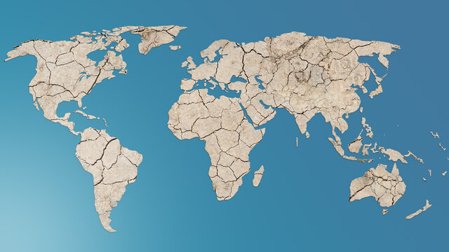 World map made of cracked, dried ground during drought, blue background. 4k resolution. Global warming, climate change and desertification concept.