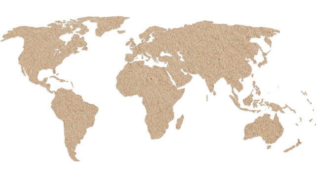 World map made of fine-grained sand, isolated on white background. 4k resolution.