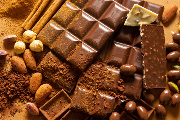 White and milk chocolates. Almond, pistachio, hazelnut.. background, texture..
