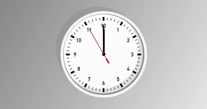 Minimalist front facing wall clock hands ticking past noon time