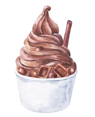 Watercolor chocolate frozen yoghurt in cup on white background. Watercolour froyo food illustration.