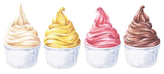 Watercolor frozen yoghurt in cup on white background. Watercolour froyo flavours, food illustration.