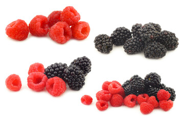 bunch of blackberries and raspberries  on a white background