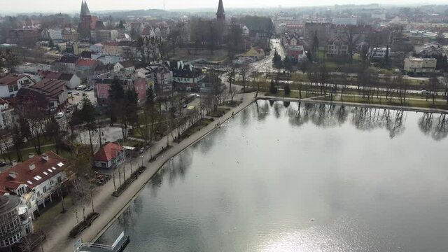Polish city in Masuria, Ostróda, bird's-eye view of the city by the lake