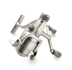 Modern spinning reel on white background