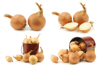 Fresh shallots and some  in a brown enamel cooking pot on a white background