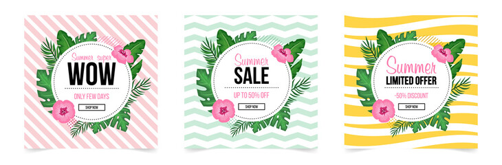 Summer promo sale banners. Set of colorful banners with tropical leave. Banners with palm leave for social media. Vector illustration. 