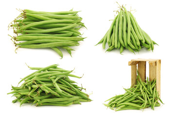 Bunch of green beans and some in a wooden box on a white background
