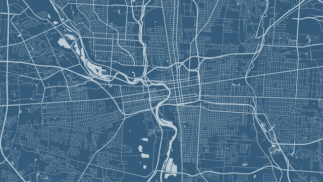 Blue vector background map, Columbus city area streets and water cartography illustration.