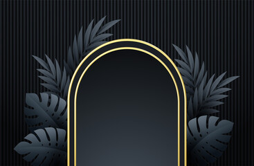 Minimal black scene with geometric shapes and palm leaves. gold and black frame on a black background. 3D stage for displaying a cosmetic product, showcase