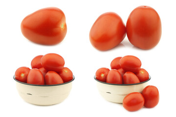fresh and colorful italian roma tomatoes and some in an enamel bowl on a white background