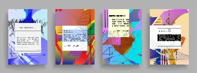 Covers templates set with graphic geometric elements. Applicable for brochures, posters, covers and banners. Vector illustrations.