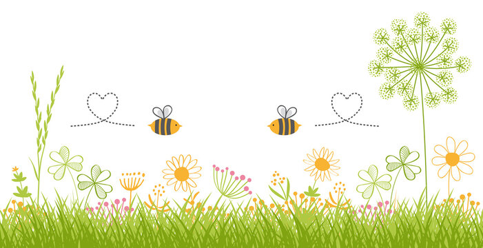 Frühlingsgefühle bunte Blumenwiese im Frühling mit Bienen abstrakt, Frühlingsboten