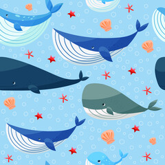 Vector handdrawn seamless pattern big blue cartoon whales seacreature marine underwater life