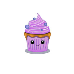 Illustration of a cute pink cupcake. Dessert drawing. Kawaii cupcake.
