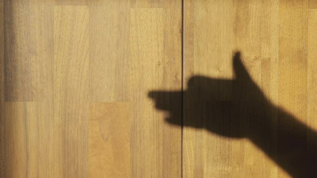 Shadow of happy dog from a male hand on wall from sunlight. Concept father entertains children showing theatrical scene at home.