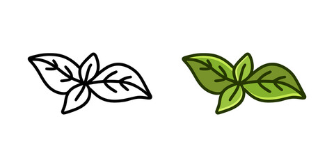Basil leaves doodle icon. Linear and color version. Black simple illustration of fresh spice or green plant. Contour isolated vector pictogram on white background - 424734939