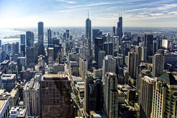 Fototapeta na wymiar Aerial view of misty Chicago, IL, in the morning