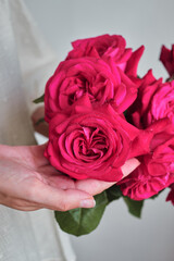 Pink roses in the hands of a happy woman. Rose petal close-up. Beautiful holiday spring bouquet. Florist girl with blossom flower. Fresh floral bunch. Romantic surprise from a loved one