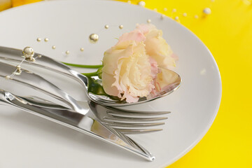Beautiful table setting on color background, closeup